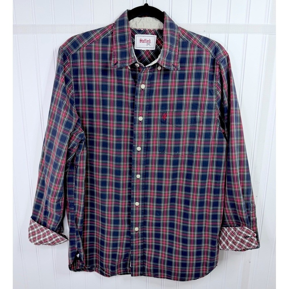 Stafford Prep Button Down Shirt Mens M Blue Red Plaid Excellent Long Sleeve